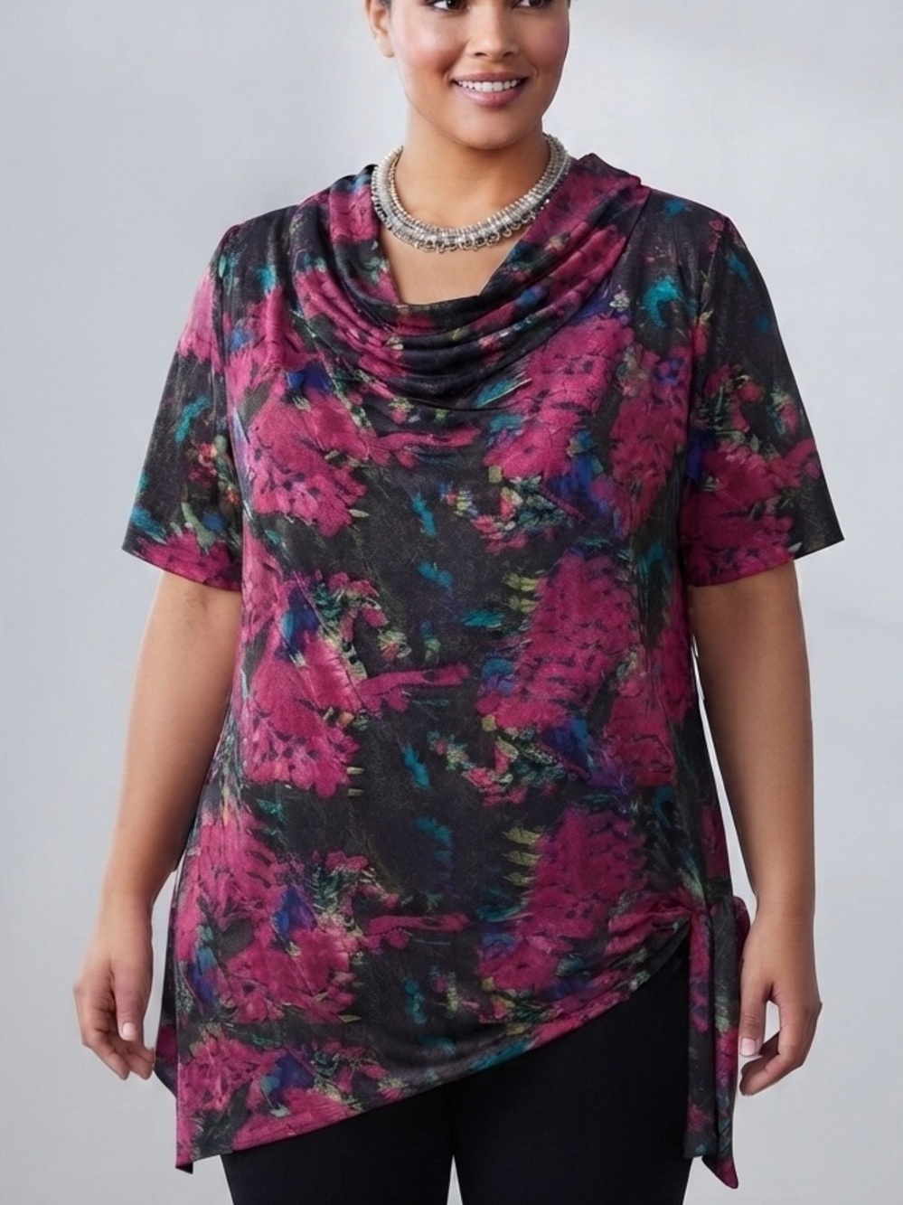 PENNINGTONS Cowl Neck Blouse Silver Floral Metallic 2X
